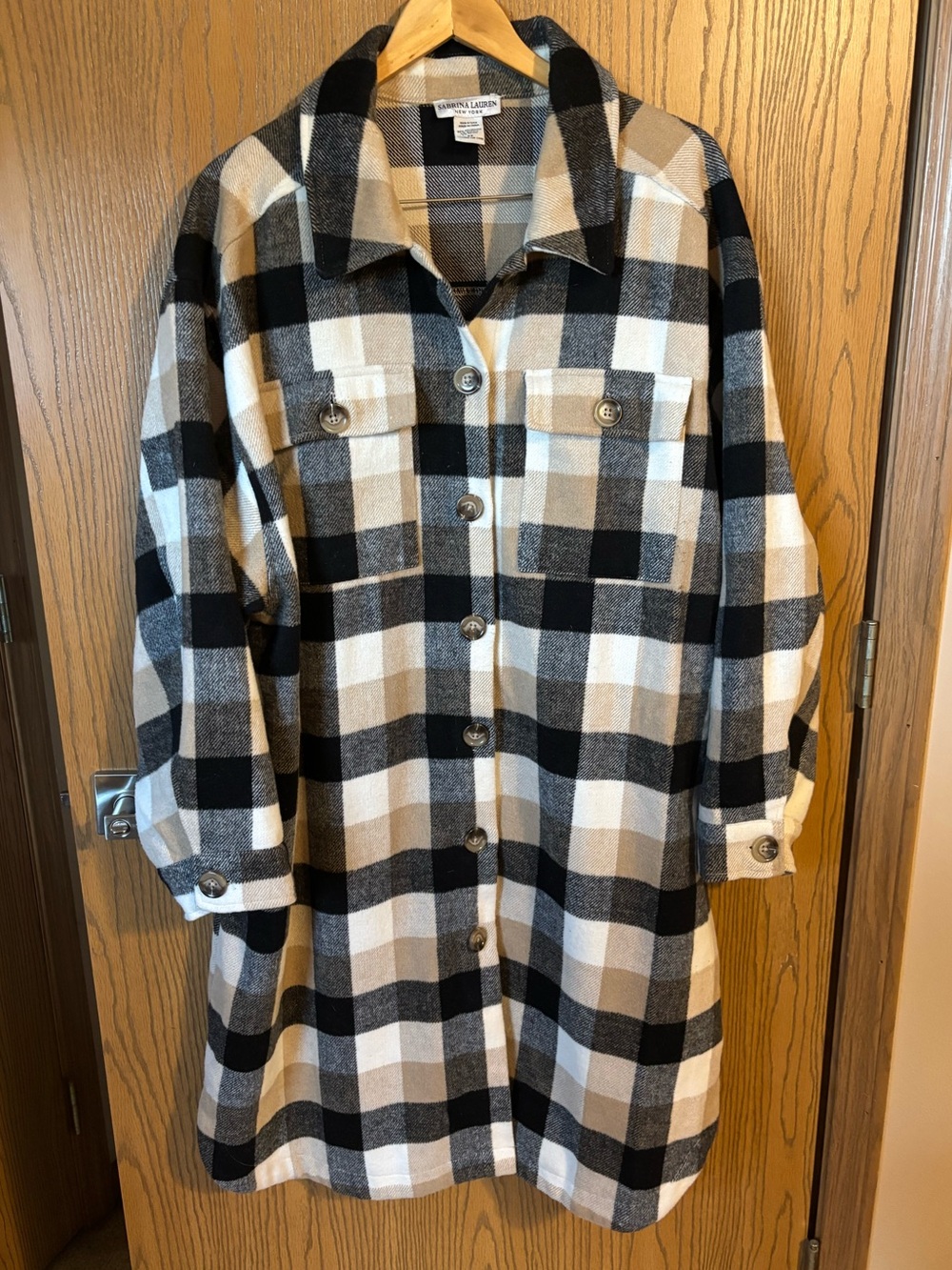 Black & Cream Plaid Overshirt Long Jacket - Womens